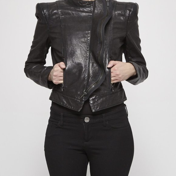 BCBG MAX AZRIA black leather zipper moto jacket - Picture 3 of 11